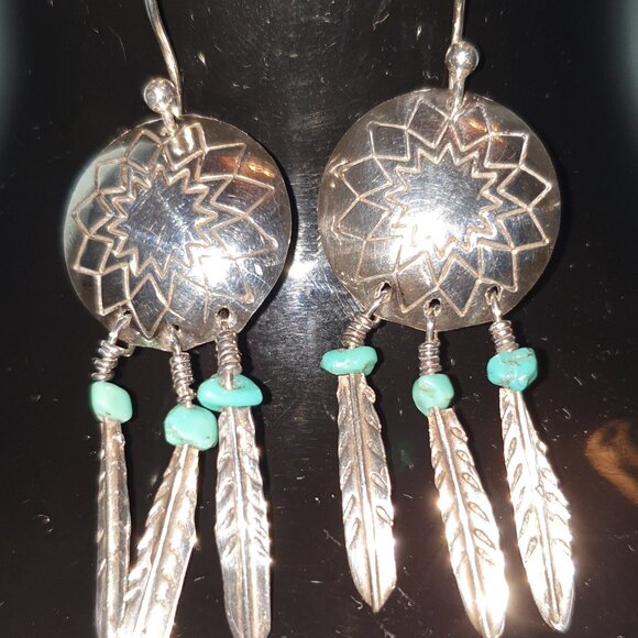 Navajo Dreamcatcher Feather Turquoise Sterling Silver Earrings - Native American - Picture 3 of 11